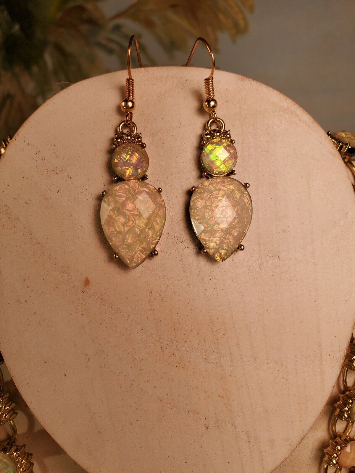 Statement Necklace Earring Set Iridescent Green P… - image 4