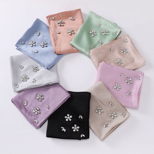 Women Plain Satin Scarf Muslim Crystal Hijab Headwrap Arab Shawl Turban Bandanas - Picture 3 of 16