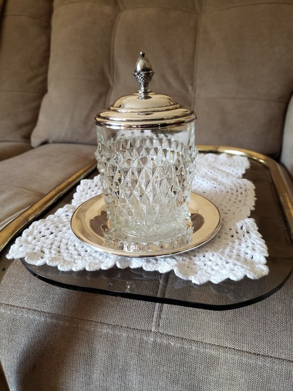 Antique Diamond Point Sugar Bowl/Condiment Jar Silver Plated Cover & Underplate