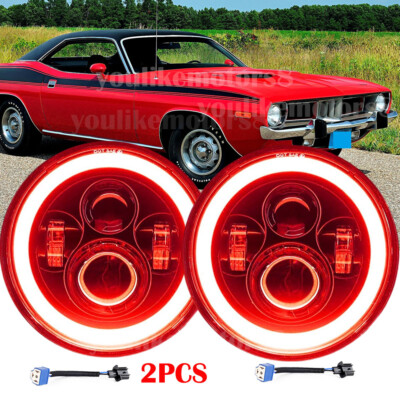 2pcs Fit Plymouth Barracuda Cuda Duster 340 7'' LED Headlights Red DRL Hi/Lo Beam