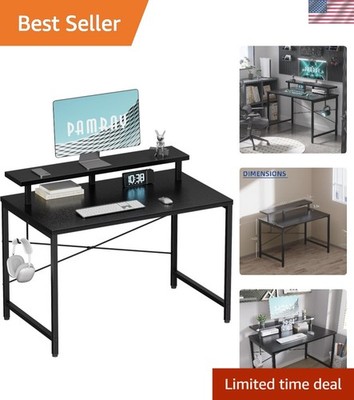 Small Computer Desk with Monitor Stand and Hook for Bedroom Office Black