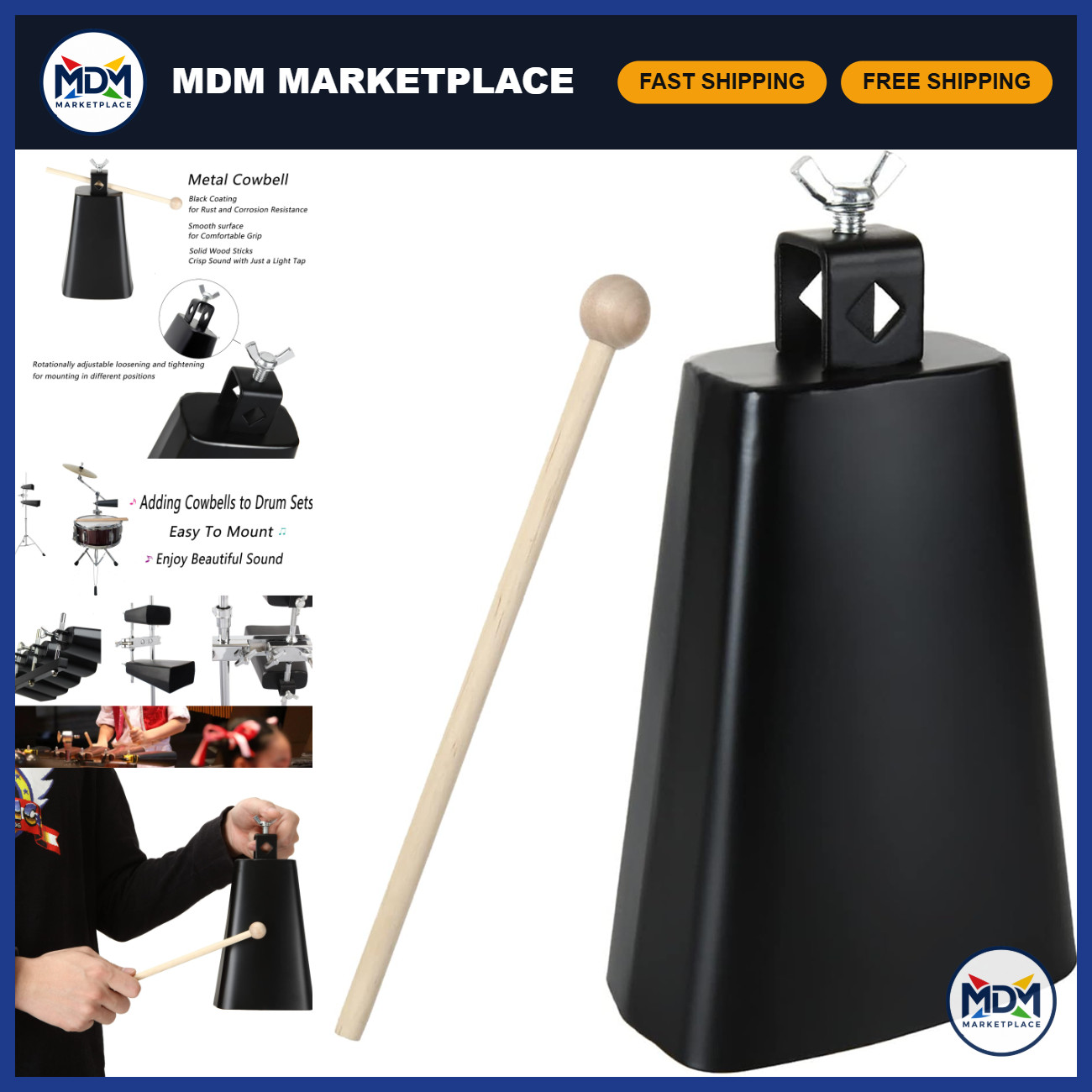 Large 7" Metal Cow Bell with Handle & Stick - Hand Percussion for Events, Music