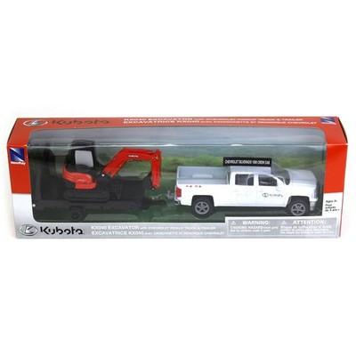 Chevy Silverado Pickup Truck w/ Kubota KX040 Excavator & Trailer New Ray Toys