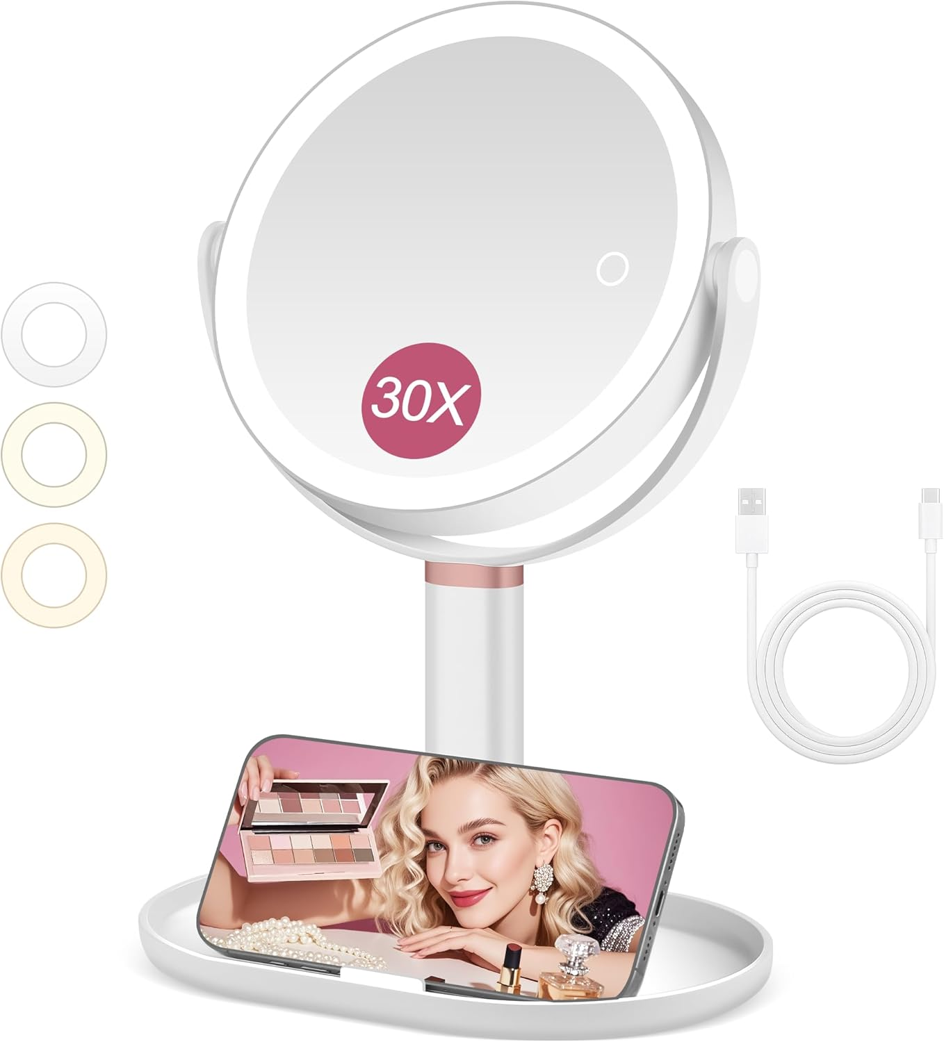 20Cm Magnifying Mirror with Light 30X/1X Double Sided, Lighted Makeup Mirror wit