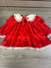 Vintage Christmas Red Velvet Dress Ruffles Lace 1980/90s Size 18 Month Baby
