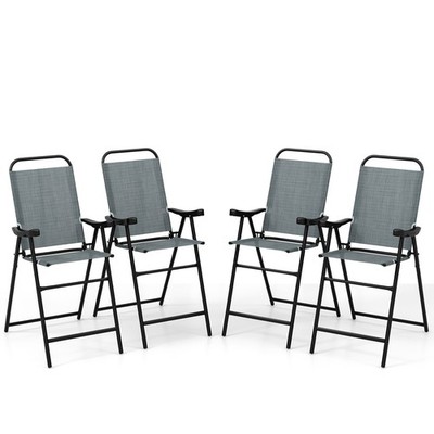 4 PCS Patio Bar Chair Folding Bar Height Metal Frame w/ Footrest Garden Blue
