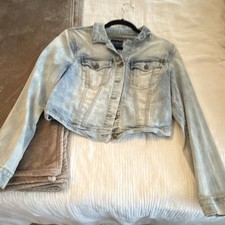 Women's Light Blue Cropped Jacket Button Long Sleeve