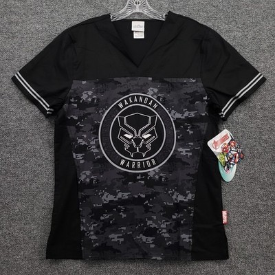 NEW Cherokee Tooniforms Marvel Black Panther Scrub Top Mens Small Black Wakanda