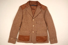Ralph Lauren Blazer Jacket Coat Tweed Brown Gold Woll Italy Leather Crest 10
