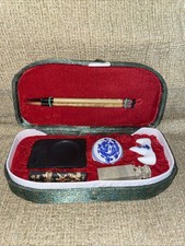 Vintage Chinese Caligraphy Writing Set Green Silk Box