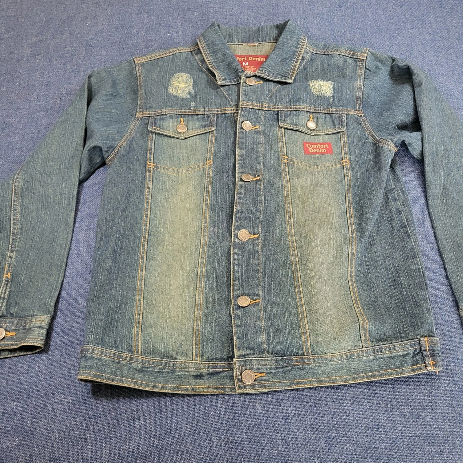 Comfort Denim Mens Distressed Greenish Cotton Trucker Jacket Medium Wash Size M
