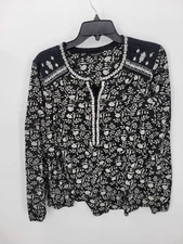 Lucky Brand Top Womens XL Black Floral Embroidered Long Sleeve Boho Peasant
