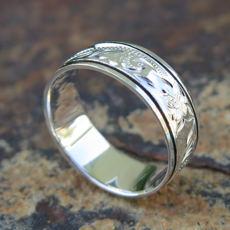 腕輪　リング Hawaiian Sterling Silver Scroll Black Border Flower Wedding