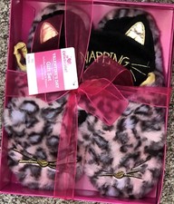 Ladies Plush Pink Black Cat Slippers Animal Print Size 7-8 Kitten Sleep Mask