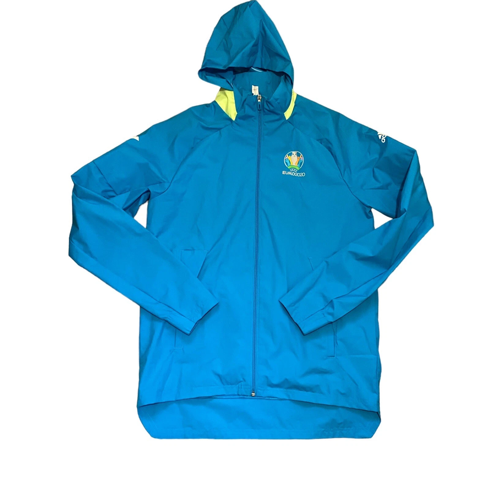 Adidas Euro 2020 Blue Rain Jacket Anorak Size S Blue Hood Lightweight Volunteer