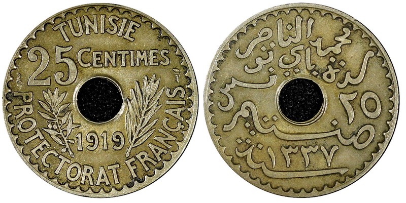 Tunisia Muhammad V  AH1337 1919 25 Centimes VF  KM# 244 (21 747)