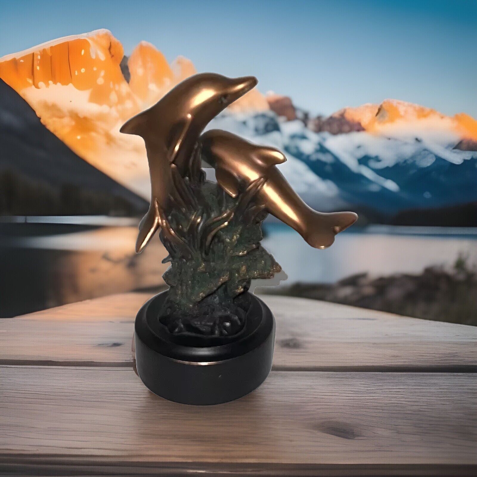 Two Dolphins Playing Statue - Bronze Finish Figurine 7” Tall