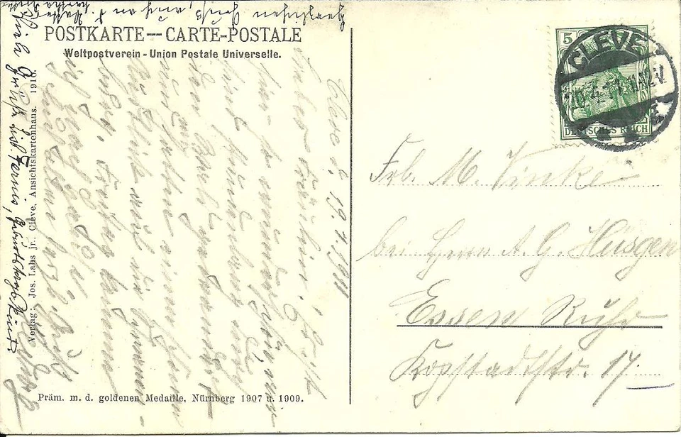 AK Kleve (Bad Cleve) -Fluss Kermisdahl, Ruderboot, Schwanenburg, Rind -1911 gel. - Bild 2 von 2