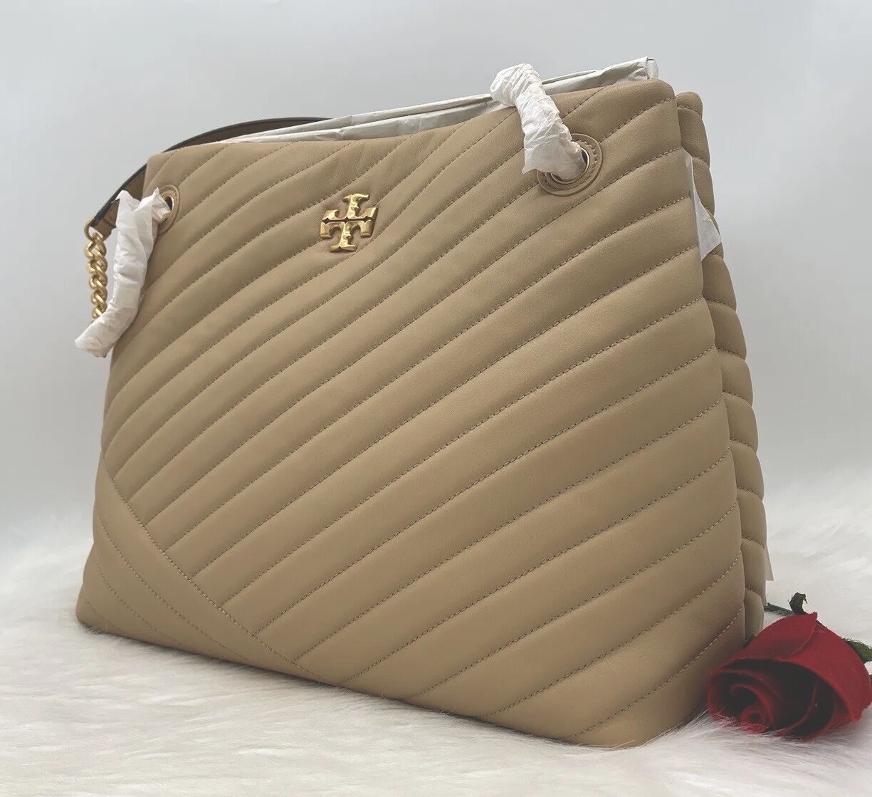Tory Burch Kira Chevron Convertible Shoulder Bag Dune Torie AUTH
