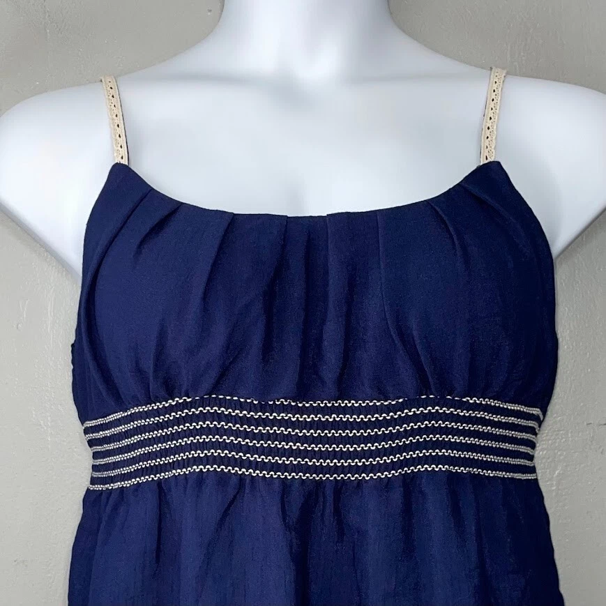 Y2K Size XL Blue White Smocked Babydoll Tank Top Embroidered Boho Cottagecore - Image 3 of 4