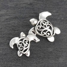 3D Sea Turtles Pendant - 925 Sterling Silver Filigree Ocean Mom Mama Baby New