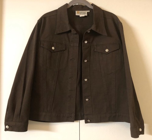 Christine Alexander Denim Jacket Sz L 💎Rhinestone Crystal Button Up Brown - Picture 2 of 12