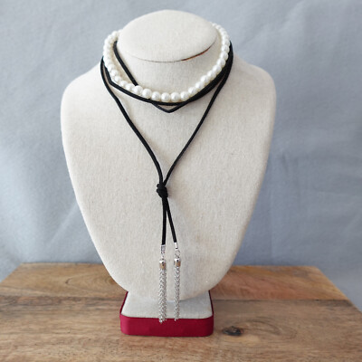 Mia Necklace Choker Y Drop Faux Leather Set of Ivory Beads Layered Whimsy  Goth