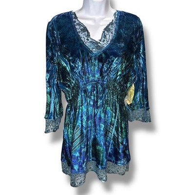 New ONE WORLD Large Velour Velvet Tunic Sequin Lace Whimsigoth Fairy Grunge Teal