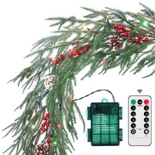 6FT Prelit Norfolk Pine Christmas Garland with Red Berries  LED Lights  Remote