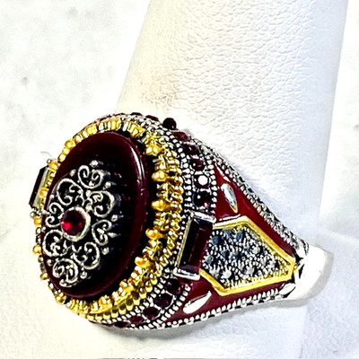 Turkish Style Art Deco Unisex Ring Intricate Filigree Accents Rhinestones Sz 11