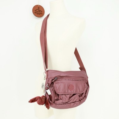 Kipling Syro Crossbody Purse Shoulder Bag Dark Maroon Metallic Monkey Keychain