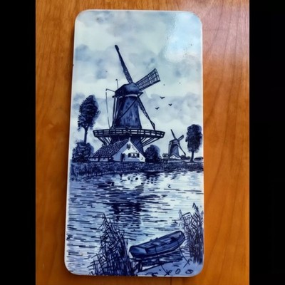 Delft Wall Tile 8x4'' Vintage Flow Blue Ceramic Windmill Dutch Style Nautical