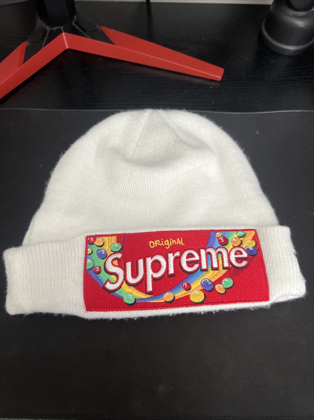 Supreme White Skittles Logo Beanie