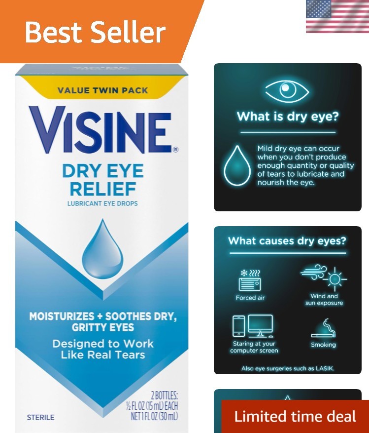Visine Dry Eye Relief Lubricant Eye Drops for Irritated & Dry Eyes, 0.5 fl. oz (Pack of 2)