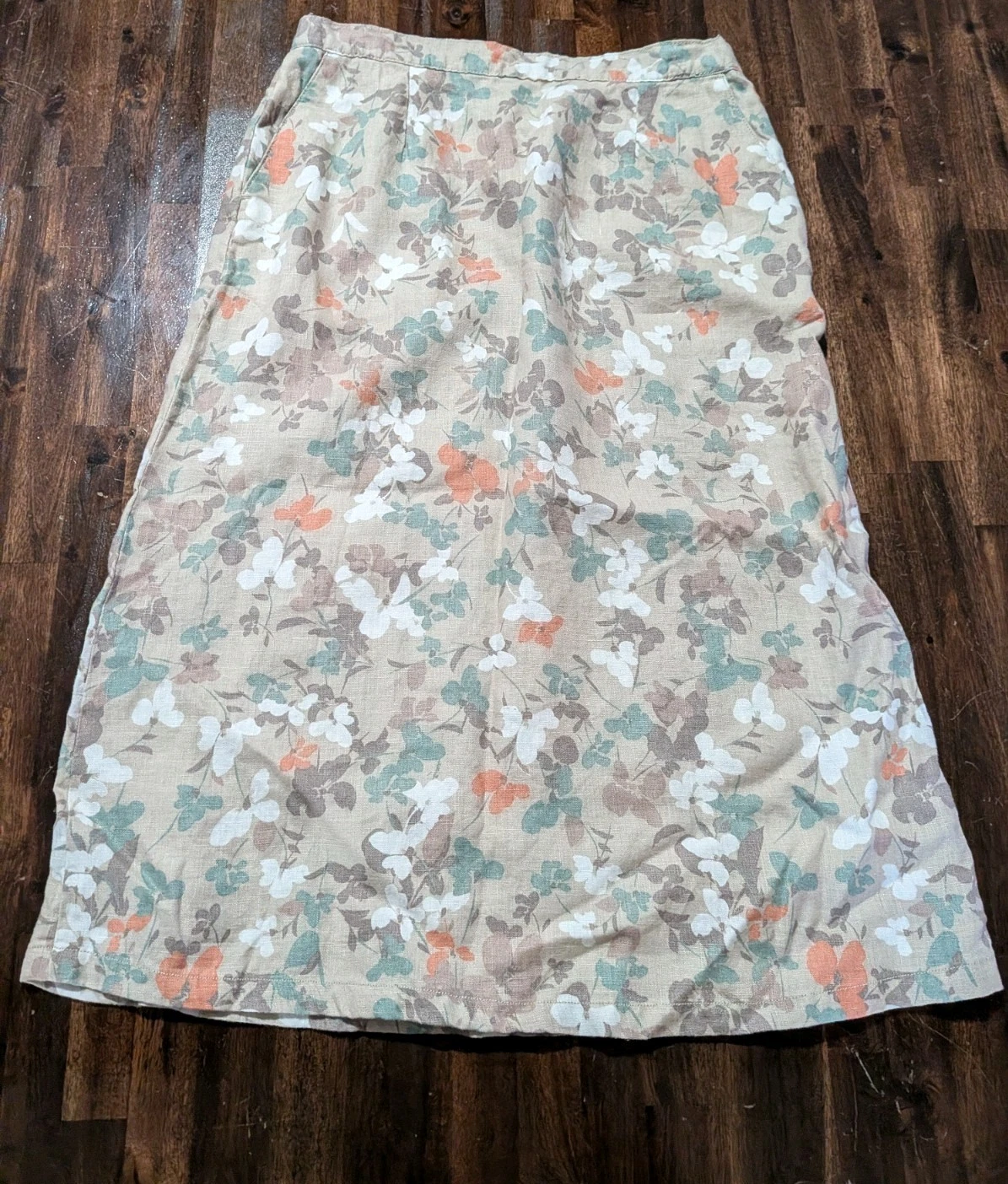 LL Bean Women Skirt 100% Linen Sz 8 Mid Length Floral Spring Cottage Core Flower