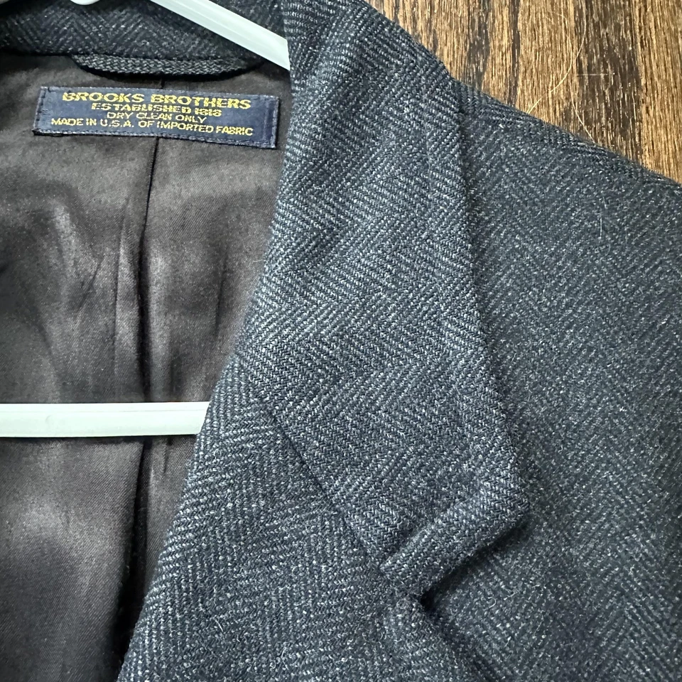 Brooks Brothers Overcoat Mens 43 Long Blue Herringbone Tweed Made USA Lined - Image 3 of 4