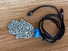 Hamsa Hand Necklace with Blue Ceramic Bead –- Protective Mala Pendant