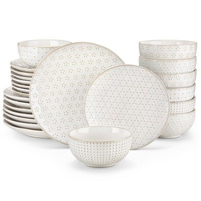 MALACASA 24 Piece Dinnerware Set, Embossed Ceramic Dish Sets Service for 8, P...