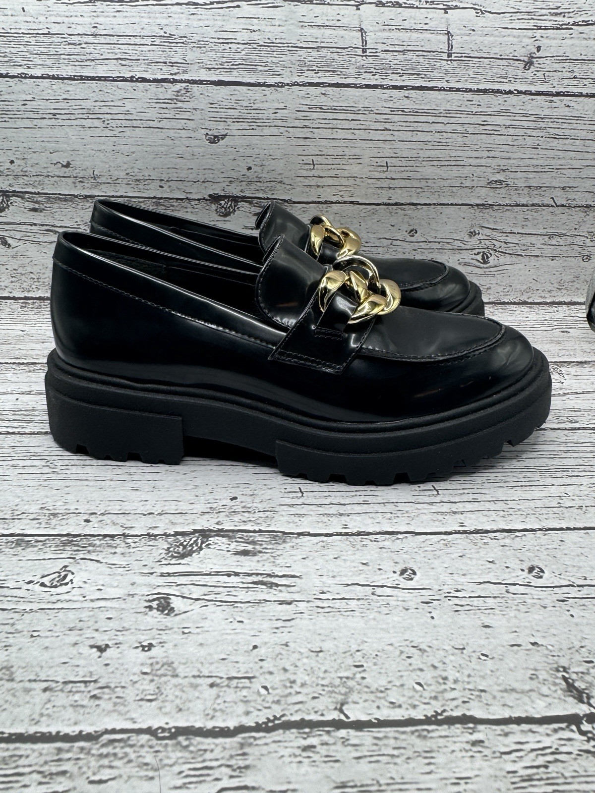 SAOLA Steve Madden Mocassino Donna 7 5 Nero Suola Grossa Lug Catena Makira Ottimo