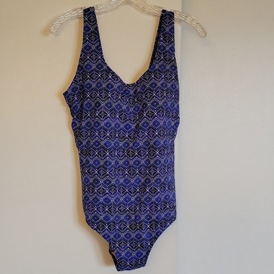 L.L. Bean 18 Reg.Blue Geometric One Piece Swimsuit UV Protection Wide Strap, cup