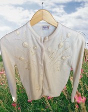 Vintage 1950s Kirby Cream Lambswool Angora Beaded Cardigan Sweater Size Small