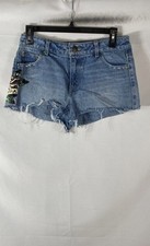 Vintage Y2K Ed Hardy Women's Blue Denim Cut Off Tattoo Graphic Shorts Sz S