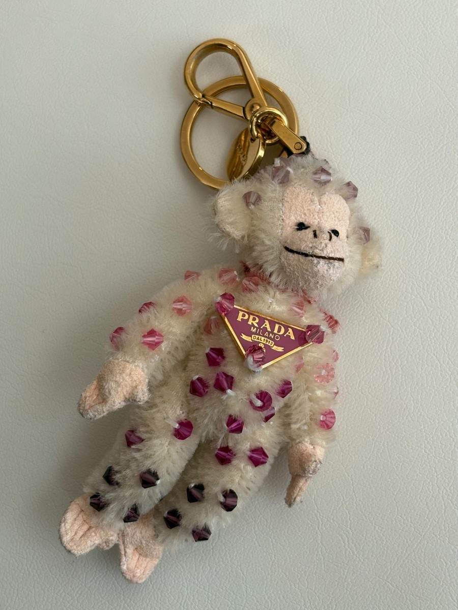 PRADA BAG CHARM Chain AUTH White Monkey Pink BEADS Plate Cute