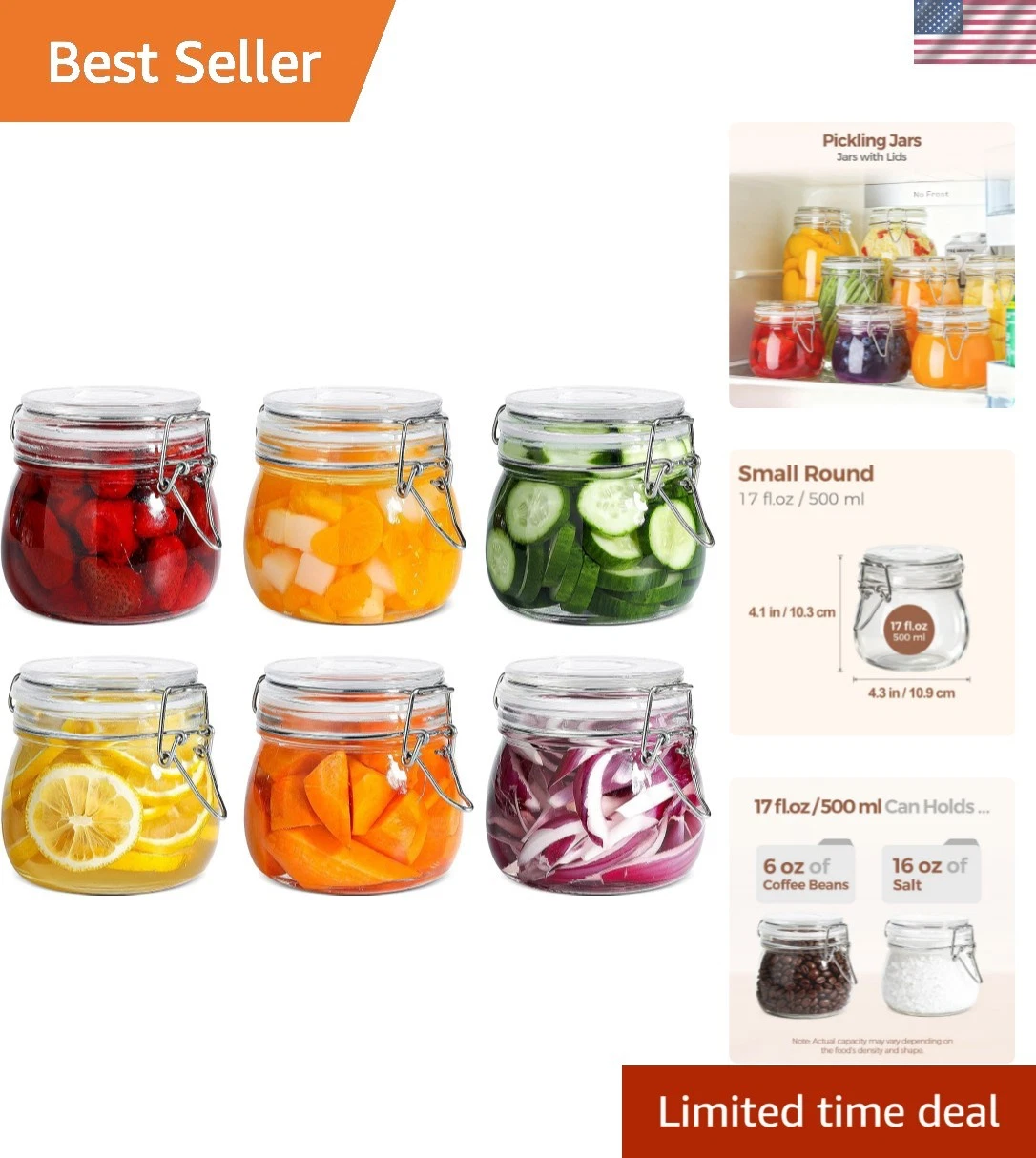 17oz Airtight Glass Jars with Lids Set of 6 Food Storage Canisters with Seal ...