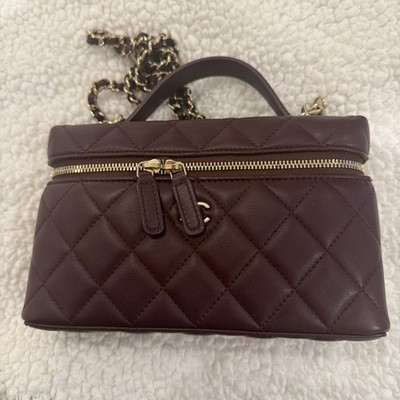 Auth Chanel 26P Burgundy Slim Top Handle Vanity With Chain Bag Gold Hardware