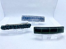 3 Vintage Hair Barrette Lot Green Suede Leather Blue Floral Plastic Spring Clip