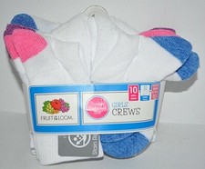 10 PAIR FRUIT OF THE LOOM GIRLS CREWS STAIN RELEASE CREW SOCKS WHITE S 6 - 10.5