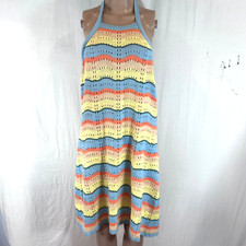 Justify Crochet Knit Multi-color Stripe Halter Open Back Dress Boho XL Acrylic