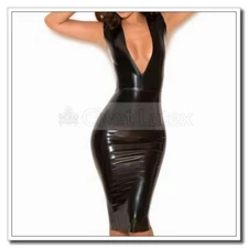 Latex Dress Deep V Neck with Trims Back Long 2 Way Zip Knee Length Customize D50
