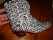 Anthropologie Momo Tile Mosaic Western Boots 36 Blue Cotton Upper Leather Insole